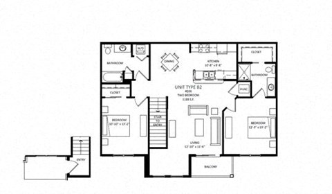 Floor plan for 2 beds, 2 baths, 1097 sqft